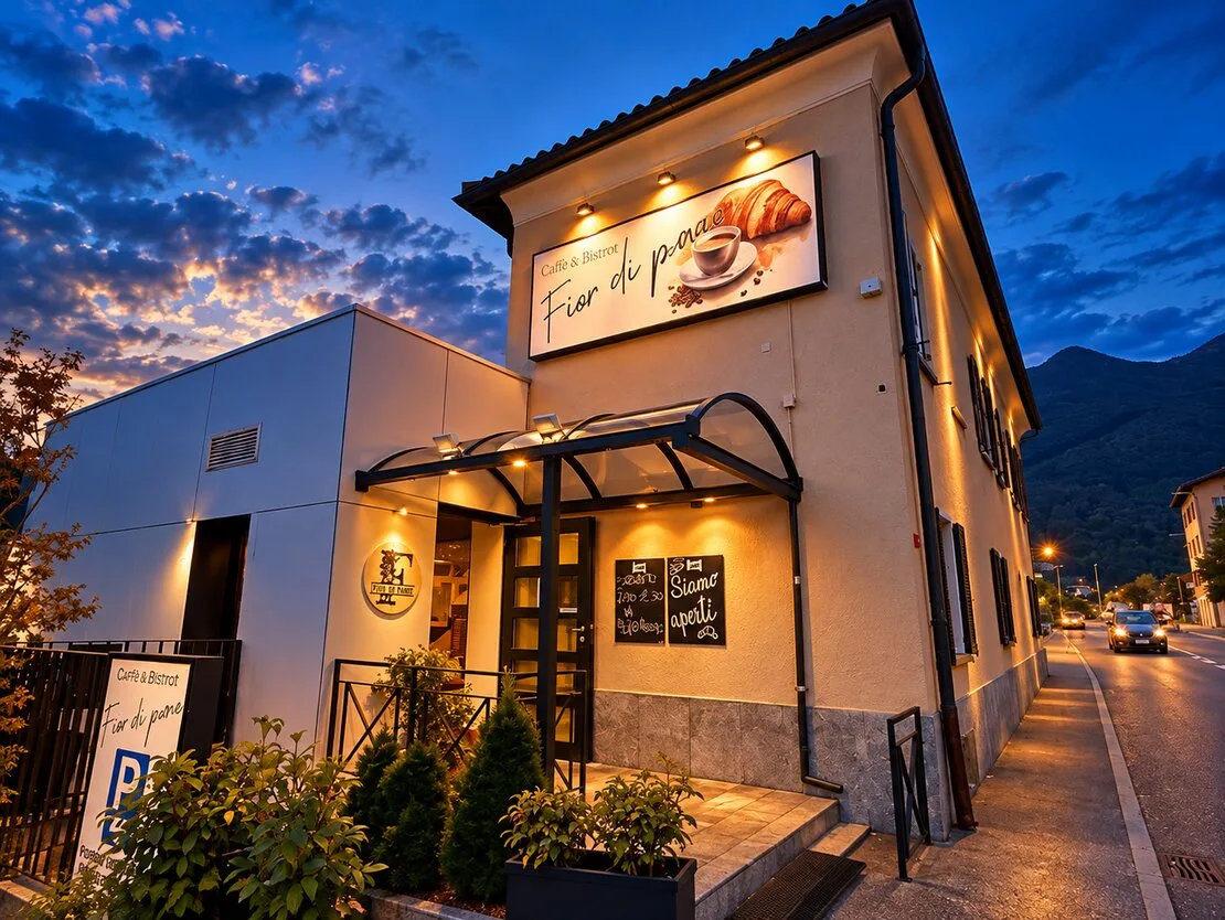 Fior di pane la sera: l’insegna illuminata e la pensilina ad arco sull’ingresso in via Cantonale